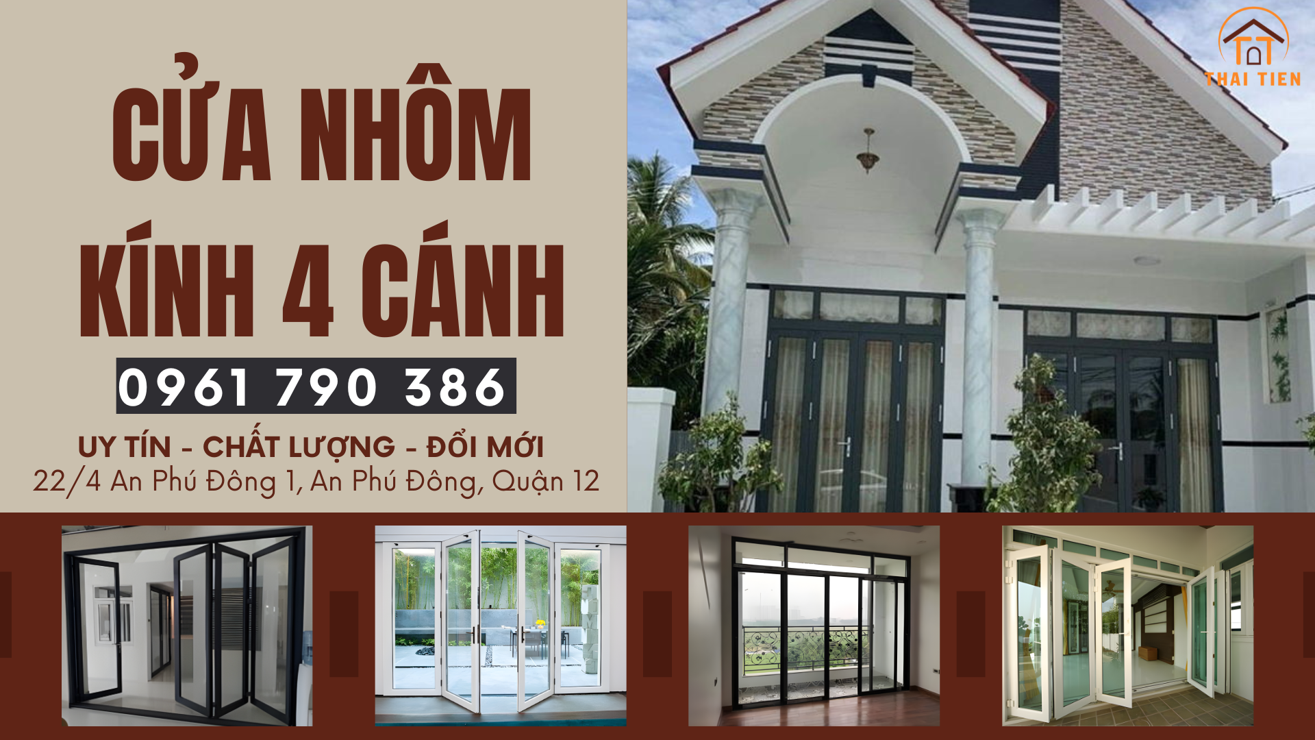 Cửa nhôm kính 4 cánh mặt tiền: Giải pháp mở rộng không gian và tối ưu độ bền lâu dài